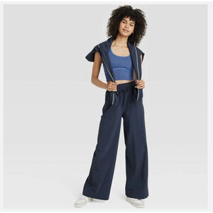 Woven High-Rise Seersucker Wide Leg Pants Large -All In Motion Navy NWT